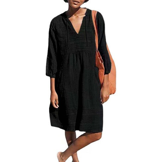 Damen lässiges Sommerkleid mit Kapuze und Taschen Drune