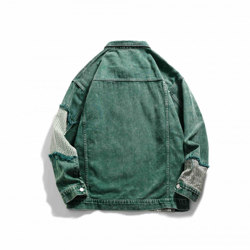 Unisex Oversize Jeansjacke mit Patchwork-Strickeinsätzen und Used-Optik Drune