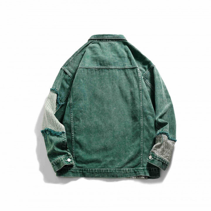 Unisex Oversize Jeansjacke mit Patchwork-Strickeinsätzen und Used-Optik Drune