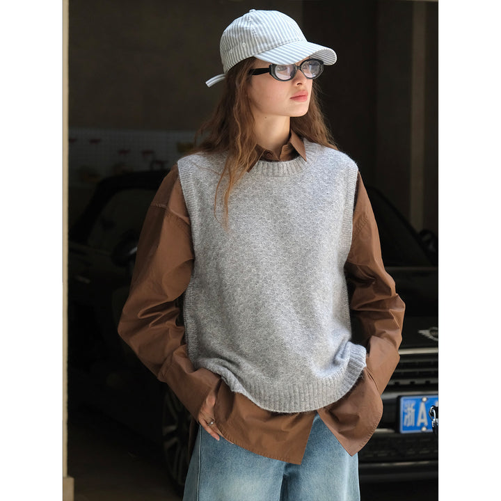 Damen Weicher Oversize-Strick-Pullunder aus Wollmix mit Rundhalsausschnitt Drune