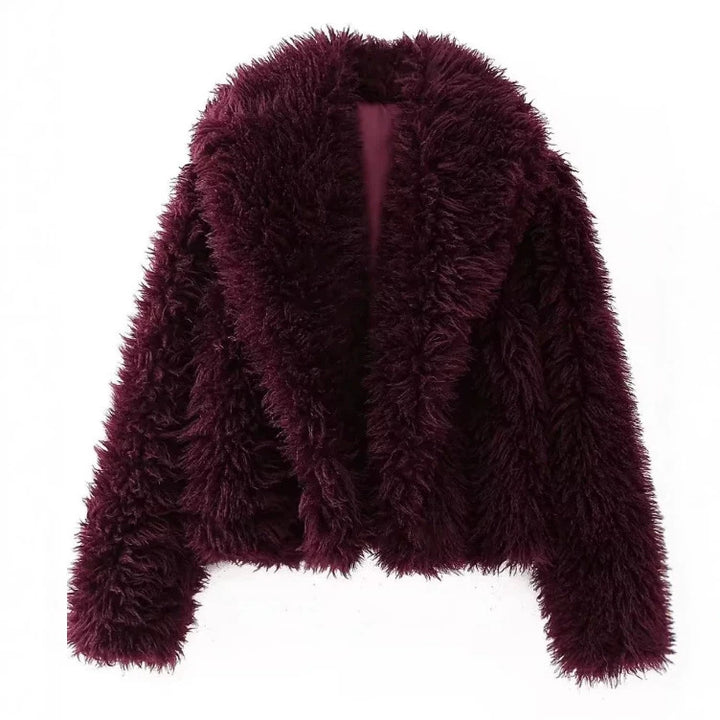 Damen Cropped Kunstfelljacke mit voluminösem Schalkragen und kurzer Silhouette Drune