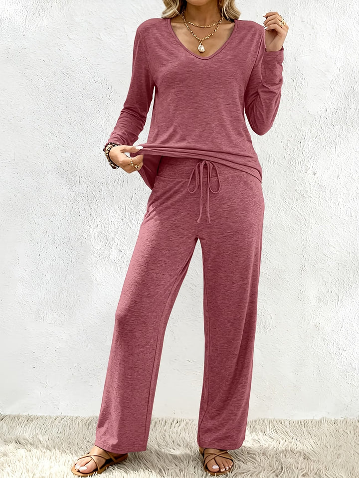 Damen Lounge-Set aus weichem Viskose-Modal-Mix mit V-Ausschnitt, Tunnelzughose und weitem Bein Drune