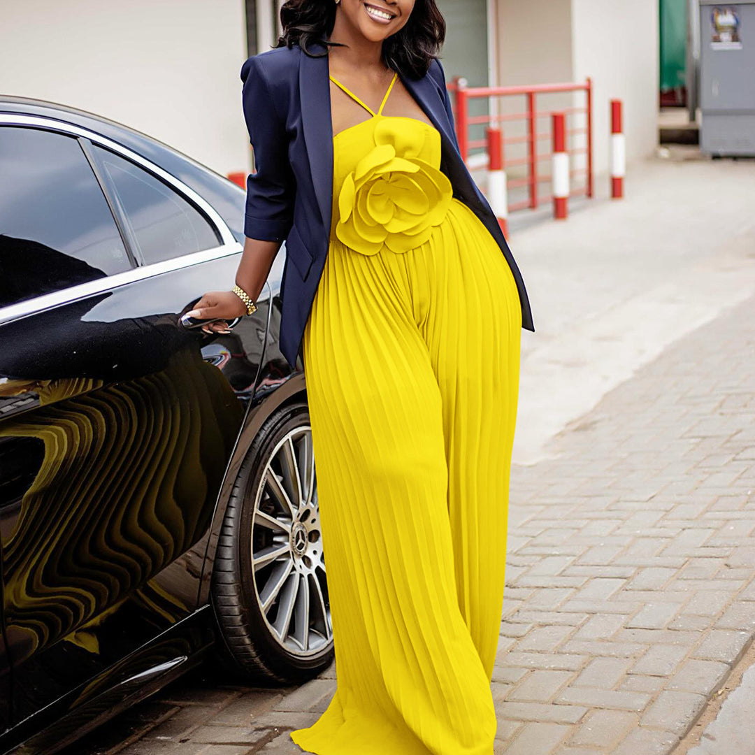 Damen Jumpsuit mit raffiniertem Plissee-Design und dekorativer Blumendetail Drune