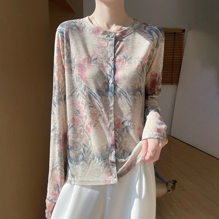 Damen Leichter Aquarell‑Print Feinstrick‑Cardigan mit Rundhalsausschnitt und Knopfleiste Drune