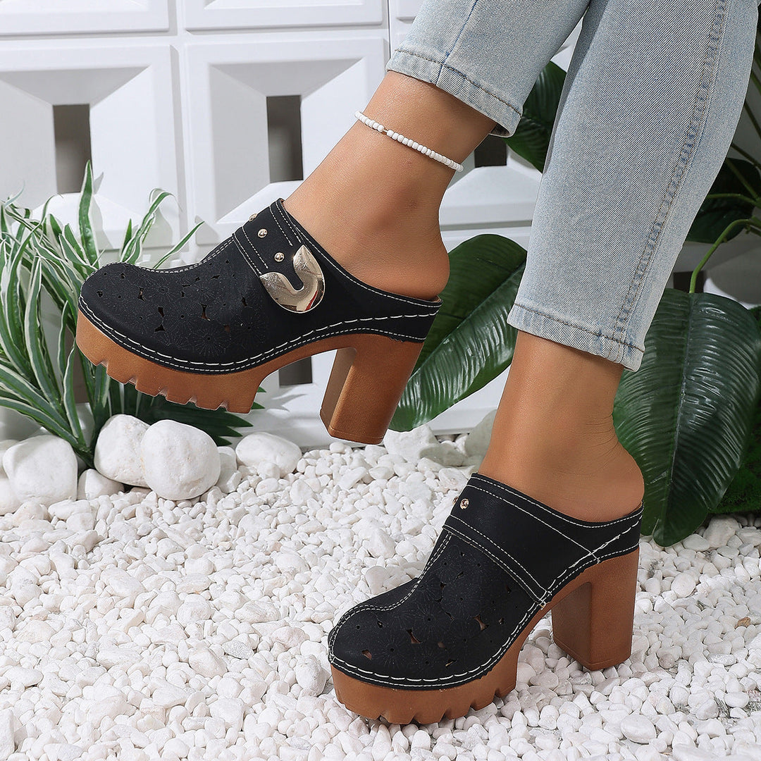 Damen modische Clogs mit perforiertem Design und elegantem Blockabsatz Drune