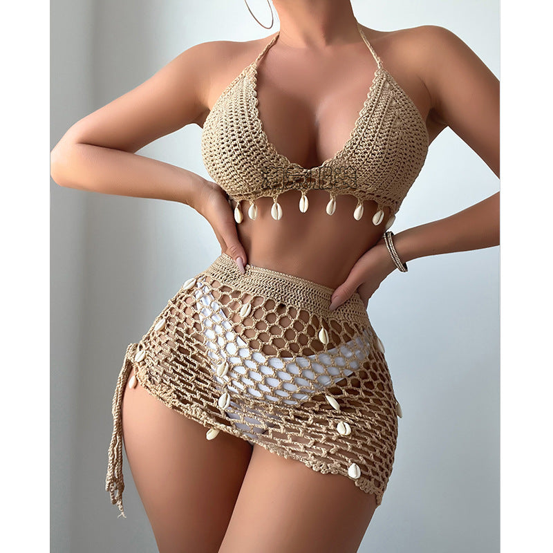 Damen Häkel-Bikini-Set mit Muschelverzierung und transparentem Rock Drune