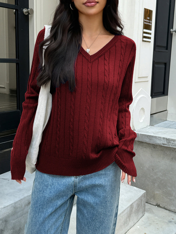 Damen Strickpullover mit V-Ausschnitt und feinem Zopfmuster Drune