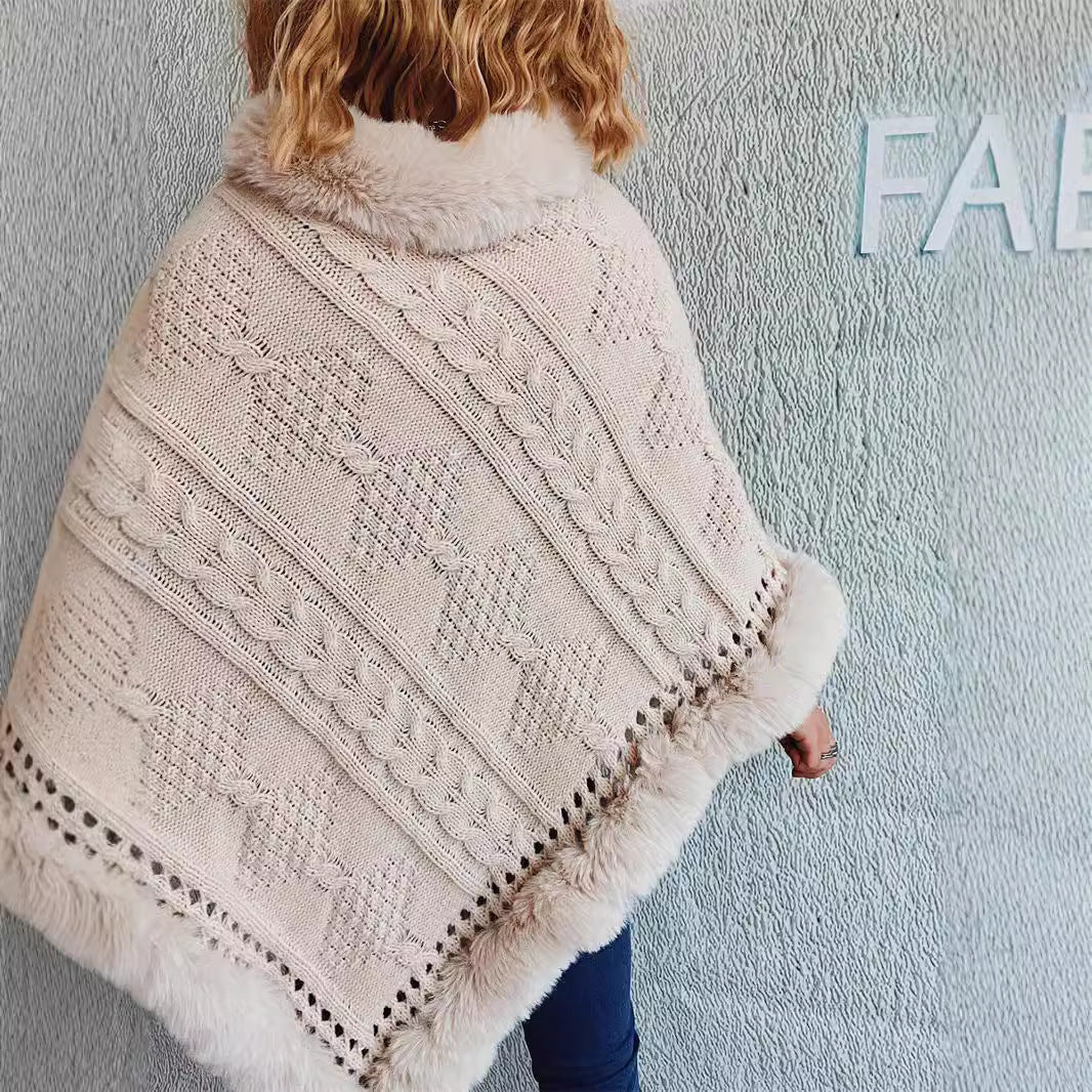 Damen Strickponcho mit weichem Fellkragen und dekorativen Zopfmustern Drune