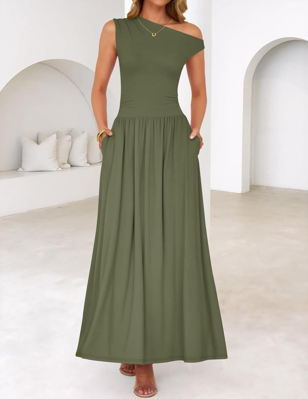 Damen Asymmetrisches Maxikleid mit One-Shoulder, Taillenbetonung und Seitentaschen Drune