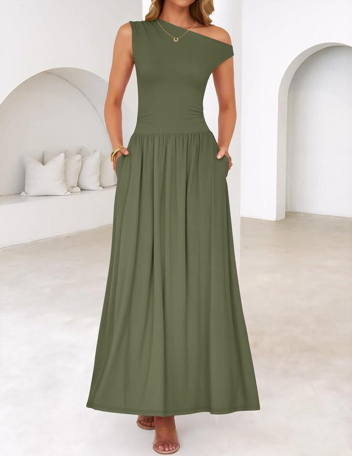 Damen Asymmetrisches Maxikleid mit One-Shoulder, Taillenbetonung und Seitentaschen Drune