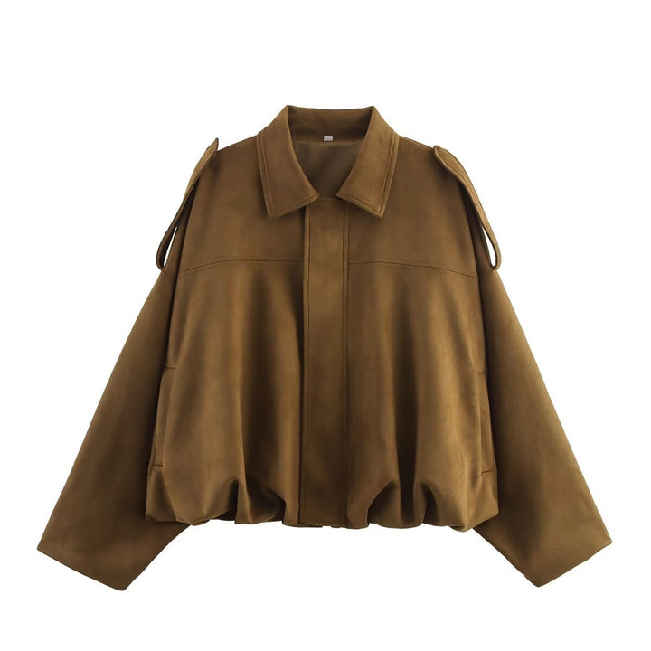 Damen Oversize-Suedejacke mit Schulterklappen, verdeckter Knopfleiste und elastischem Saum Drune