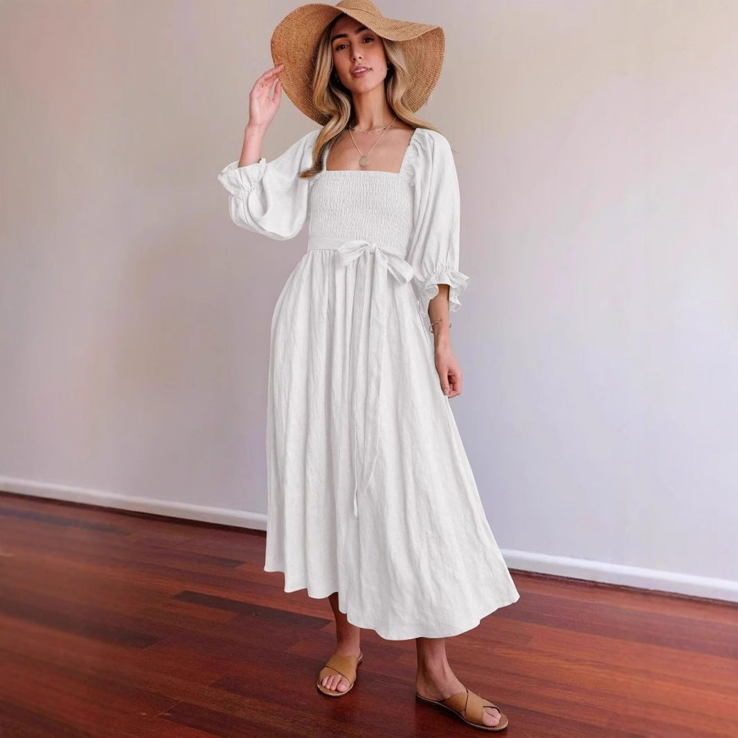 Damen elegantes, tailliertes Maxikleid mit Puffärmeln und Bindegürtel Drune