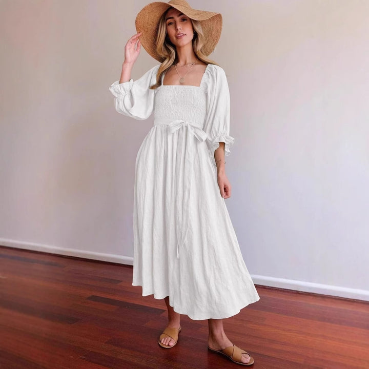 Damen elegantes, tailliertes Maxikleid mit Puffärmeln und Bindegürtel Drune