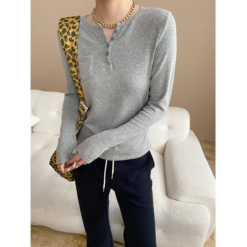 Damen Langarm-Henley-Shirt mit praktischen Knopfdetails und Brusttasche Drune