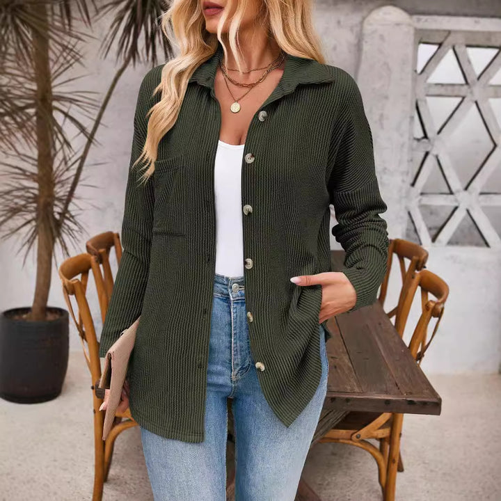 Damen Gerippte Oversize-Hemdjacke mit durchgehender Knopfleiste und Hemdkragen Drune