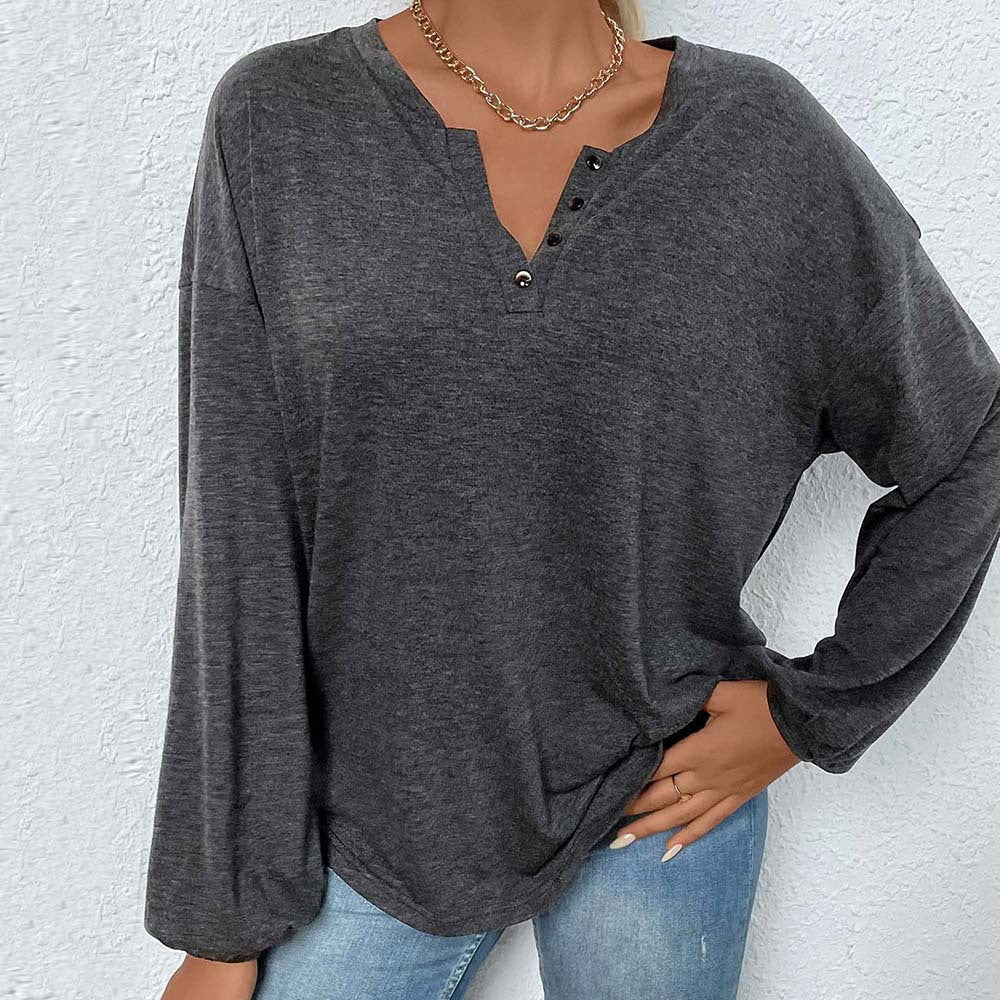 Damen lässiges Oversize-Henley-Longsleeve mit V-Knopfleiste und Ballonärmeln Drune