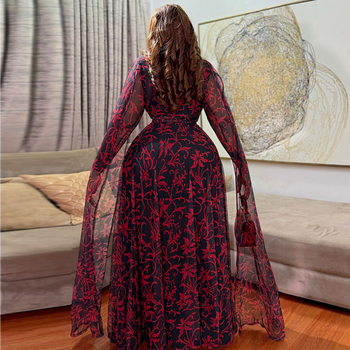Damen Maxikleid mit floralem Transparentdesign und eleganten Ärmeln Drune