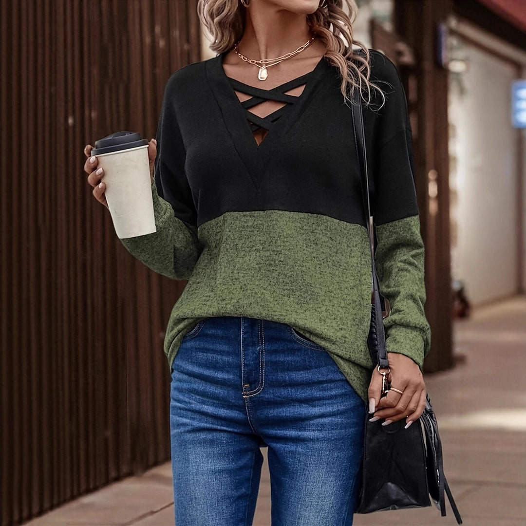 Damen lässiger Pullover mit V-Ausschnitt und Cut-Out-Details Drune