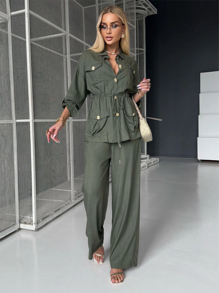 Damen Leinenoptik Utility-Hemdjacke mit Tunnelzugtaillierung und goldenen Zierknöpfen Drune
