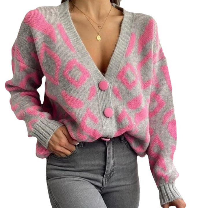 Damen modische Strickjacke mit auffälligem Muster und großen Knöpfen Drune