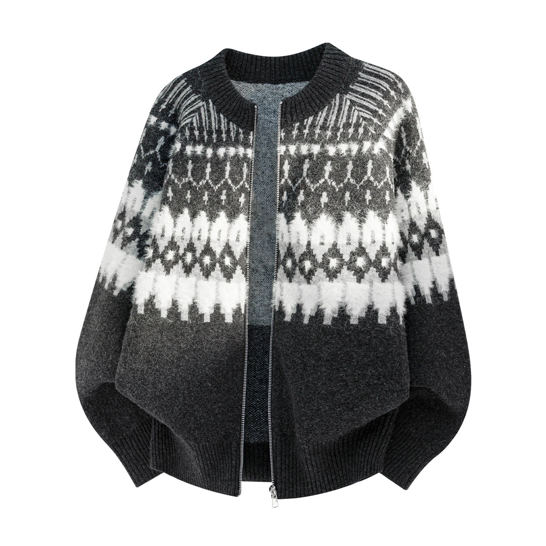 Damen Oversize Strick-Poncho mit Reißverschluss und norwegischem Jacquardmuster Drune
