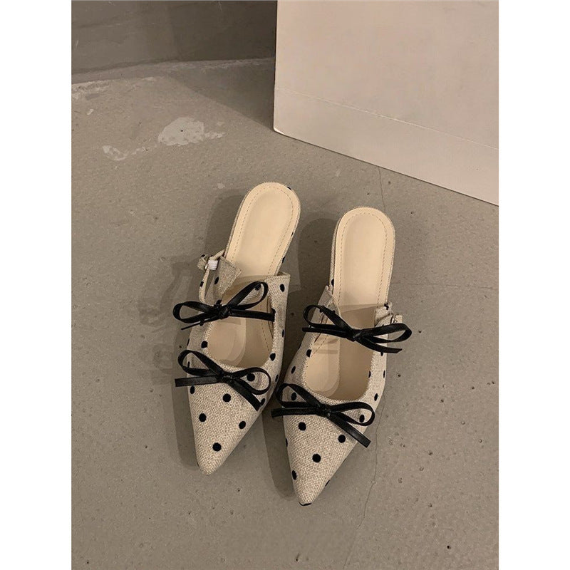 Damen Spitz zulaufende Schlupf-Mules in Leinenoptik mit Polka-Dot und Zierschleife Drune