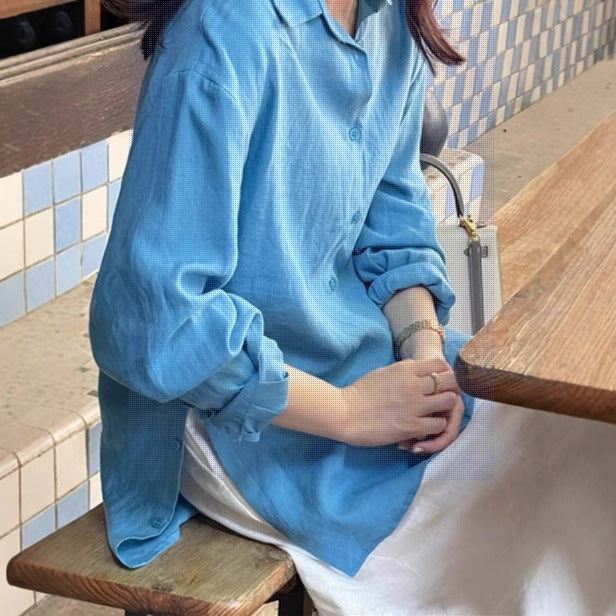 Damen Lockeres Leinen‑Hemd mit minimalem Stehkragen, verdeckter Knopfleiste und krempelbaren Ärmeln Drune