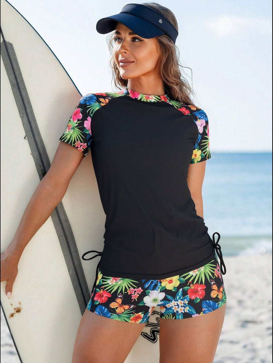 Damen Sportlicher Surfanzug mit floralem Muster und seitlichem Rüschendetail Drune