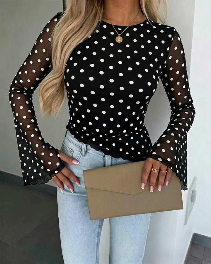 Damen Transparente Mesh-Polka‑Dot-Bluse mit taillierter Passform und Glockenärmeln Drune