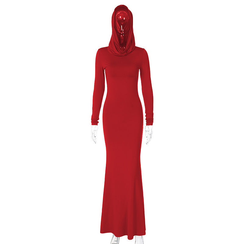 Damen Langarm-Maxis Kleid mit Kapuze aus hochwertigem Stretchmaterial Drune