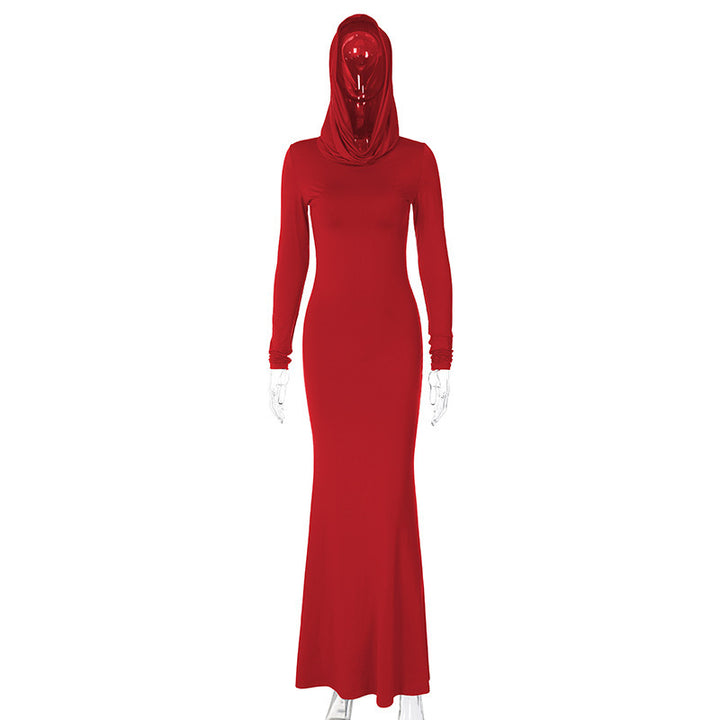 Damen Langarm-Maxis Kleid mit Kapuze aus hochwertigem Stretchmaterial Drune