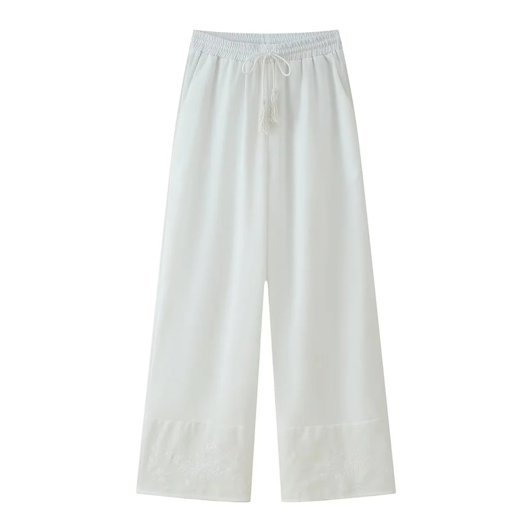 Damen nan leichte Culotte-Hose mit hohem Elastikbund, verstellbarem Kordelzug, Eingrifftaschen und besticktem Saum Drune