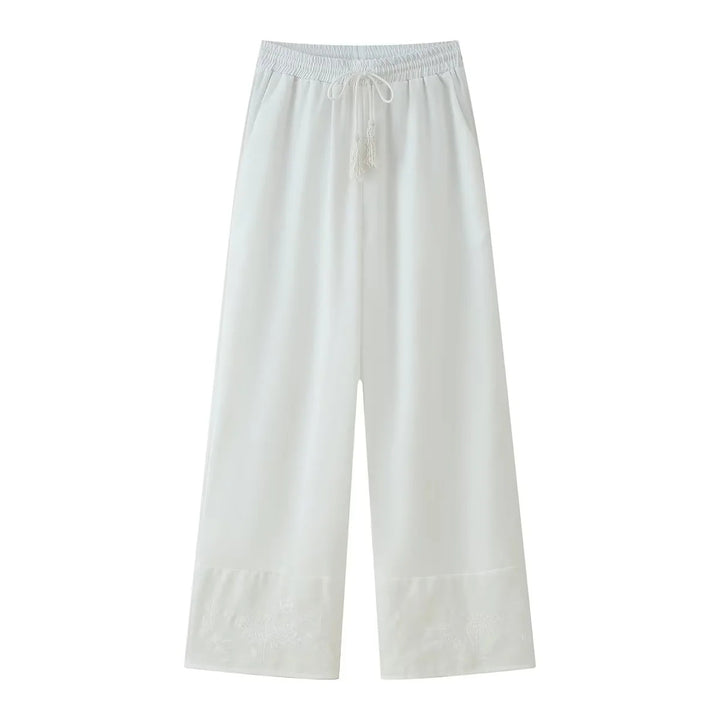 Damen nan leichte Culotte-Hose mit hohem Elastikbund, verstellbarem Kordelzug, Eingrifftaschen und besticktem Saum Drune