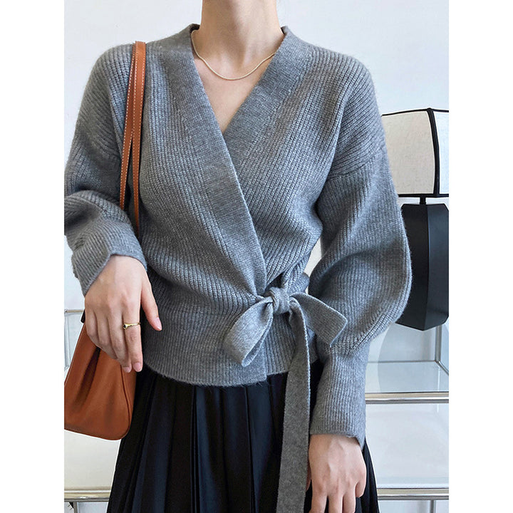 Damen elegante Wickelstrickjacke mit tiefem V-Ausschnitt und modischem Gürtel Drune