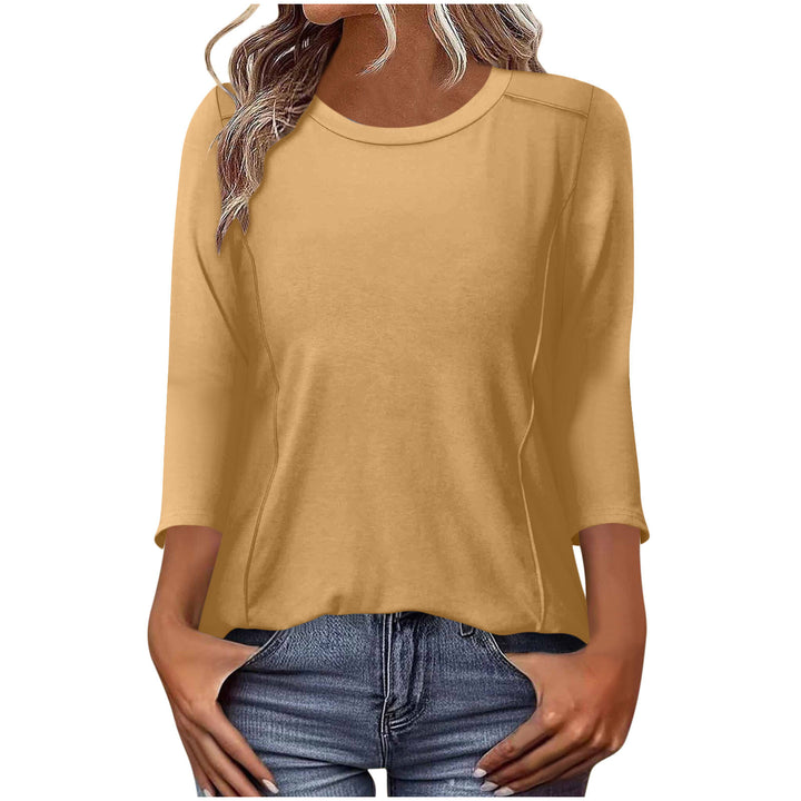 Damen nan lässiges Rundhals Shirt mit mittellangen Ärmeln und sichtbaren Nahtakzenten Drune