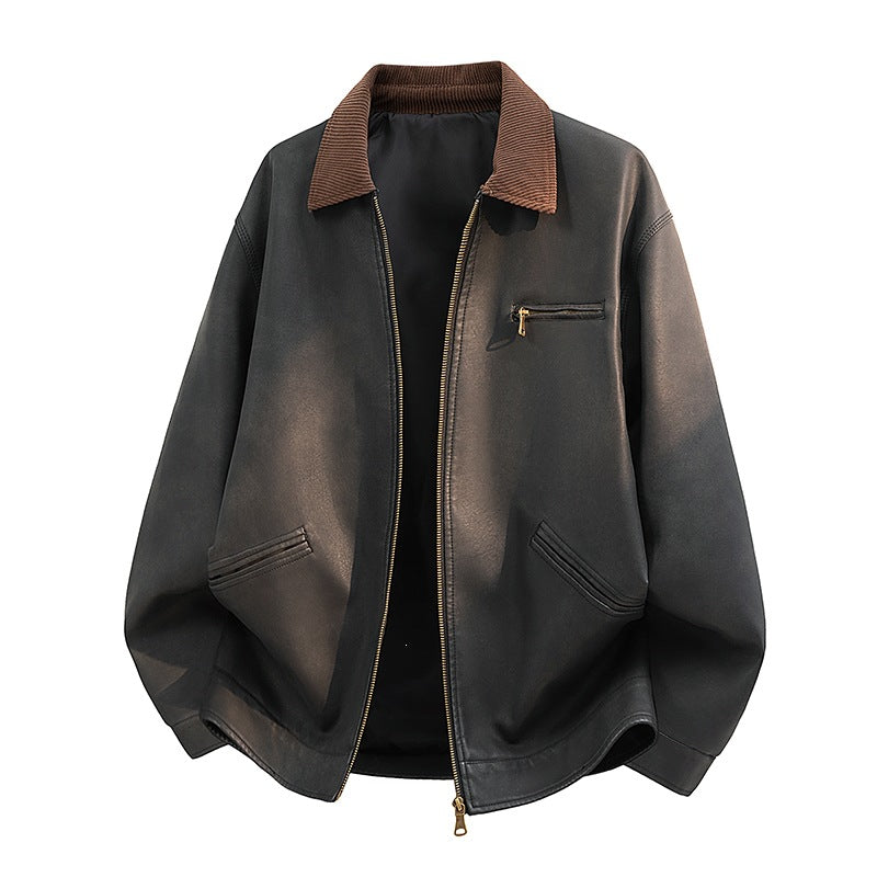 Herren Lässige Kunstlederjacke mit breitem Kragen Drune