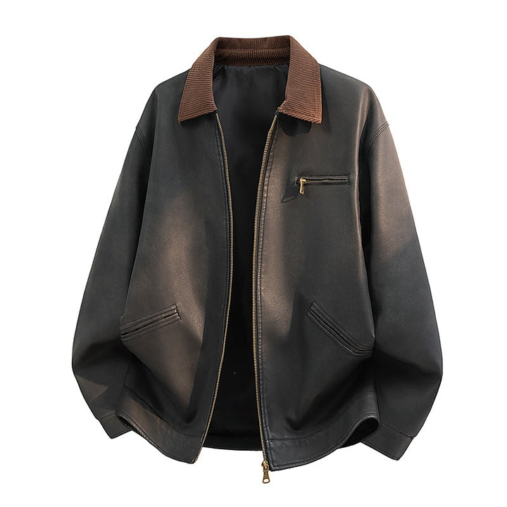 Herren Lässige Kunstlederjacke mit breitem Kragen Drune