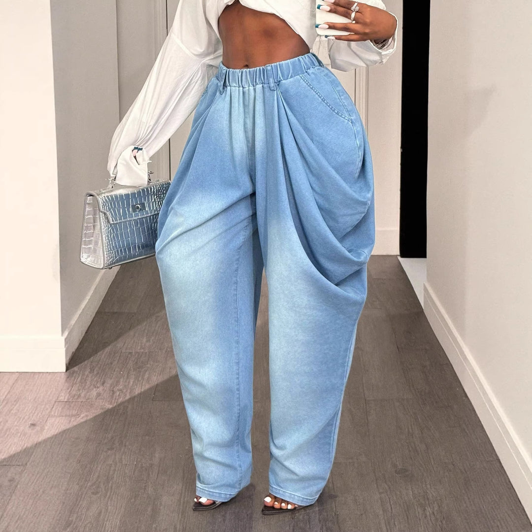 Damen lässige Baggy-Jeans mit hohem Taillenbund und praktischen Seitentaschen Drune