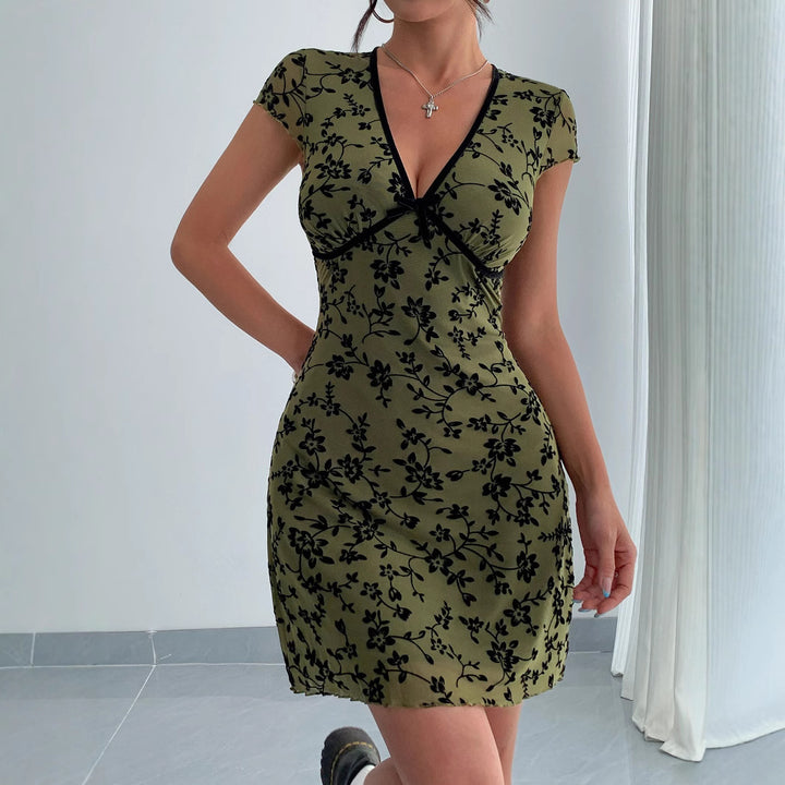 Damen nan figurbetontes Minikleid mit tiefem V‑Ausschnitt, Chiffon‑Überzug und floraler Samtoptik Drune