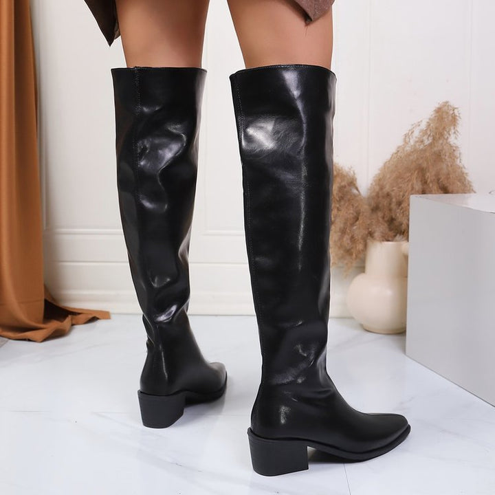 Damen Kniehohe Stiefel mit spitzer Zehenpartie und mittelhohem Blockabsatz Drune