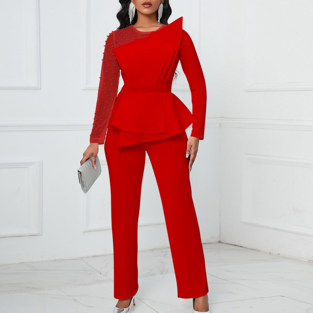 Damen Designer Jumpsuit mit asymmetrischem Schnitt und Perlendetails Drune