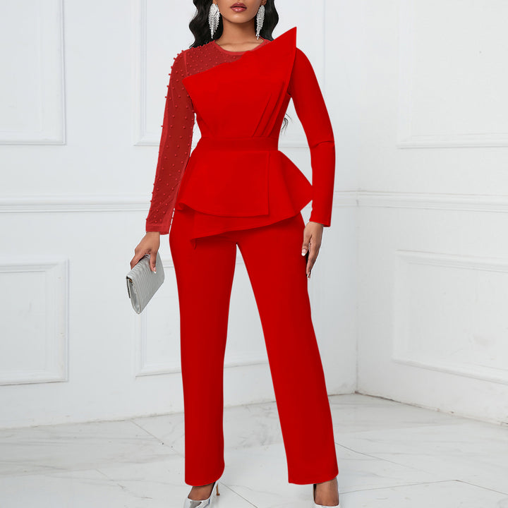 Damen Designer Jumpsuit mit asymmetrischem Schnitt und Perlendetails Drune