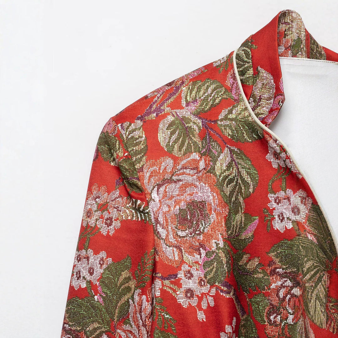 Damen Brokat-Cropped-Blazer mit floraler Jacquardstruktur und Kontrastpaspel Drune