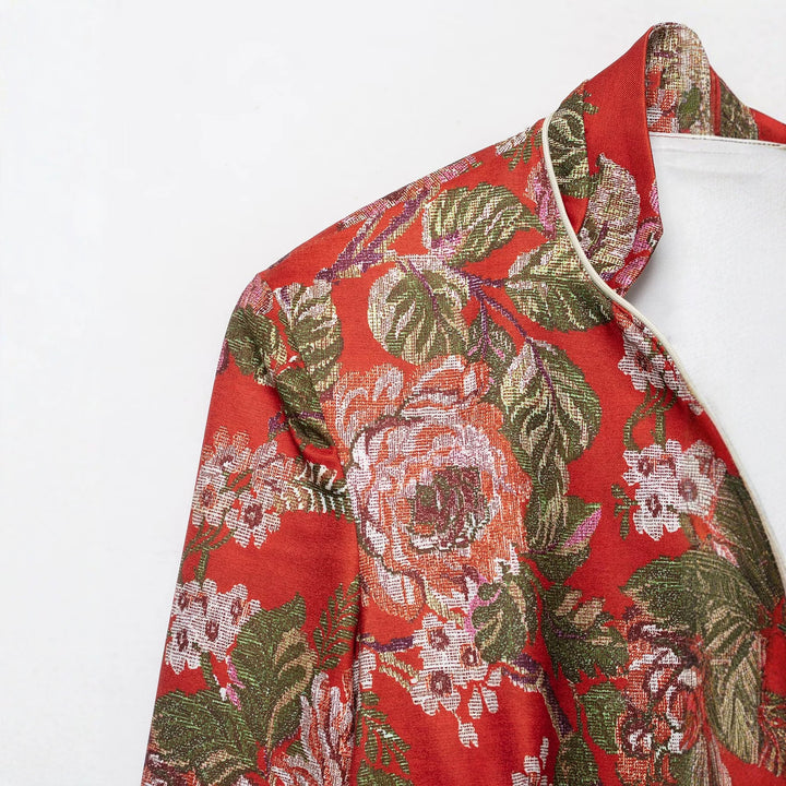 Damen Brokat-Cropped-Blazer mit floraler Jacquardstruktur und Kontrastpaspel Drune