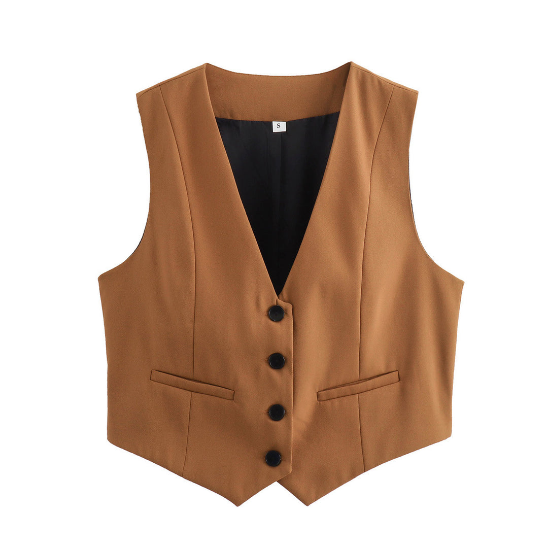 Damen nan elegante taillierte Business-Weste mit spitzem Saum, V-Ausschnitt und Leistentaschen Drune