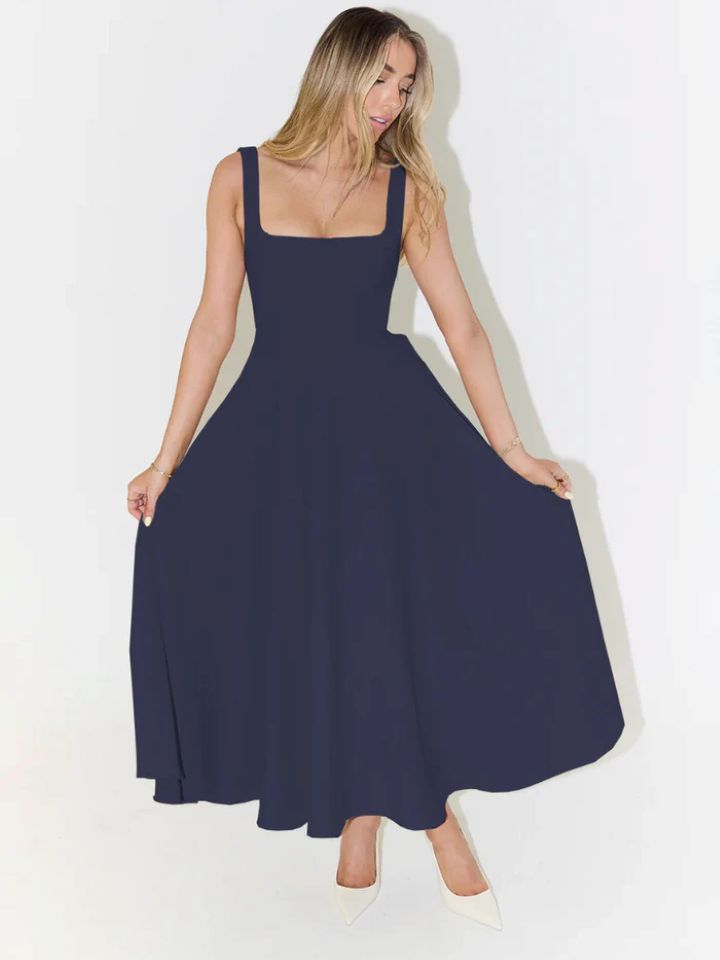 Damen A-Linien Maxikleid mit quadratischem Ausschnitt und fließendem Stoff Drune