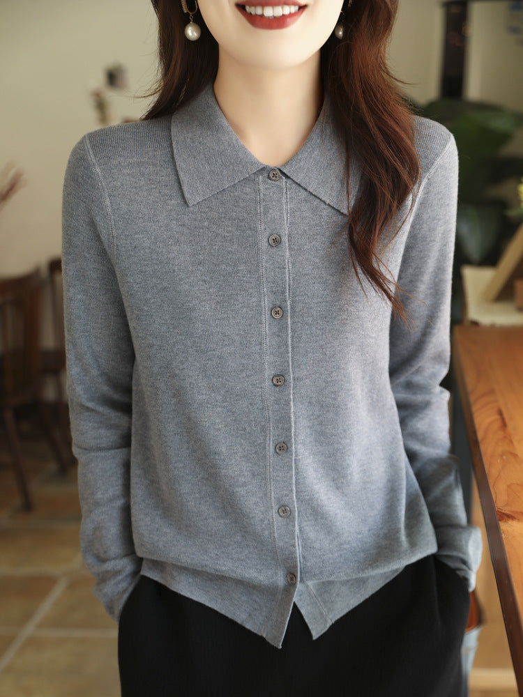 Damen Leichter Feinstrick-Cardigan mit Polokragen und durchgehender Knopfleiste Drune