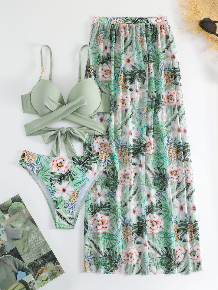 Damen Bikini-Set mit Wickelrock und floralem Design Drune