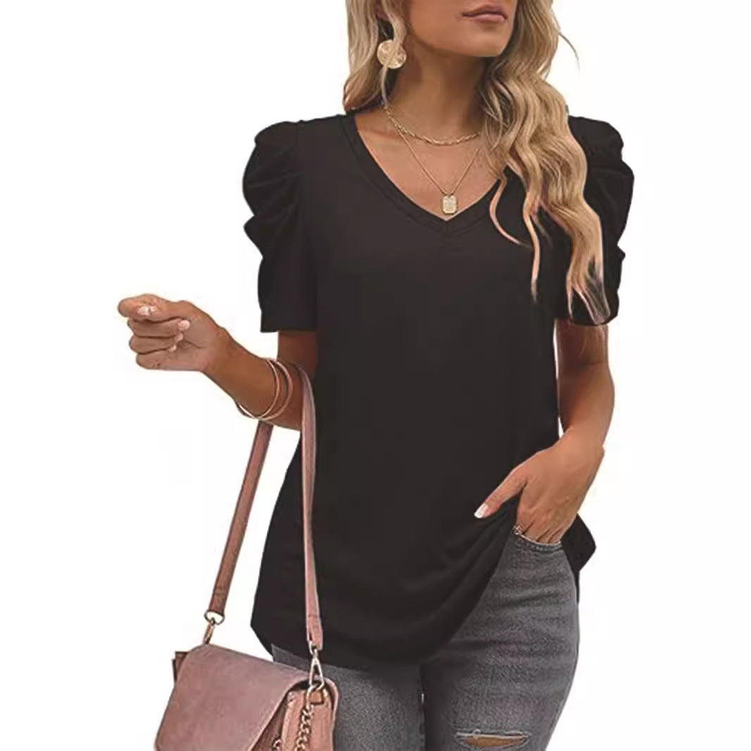 Damen trendiges V-Ausschnitt T-Shirt mit Puffärmeln Drune