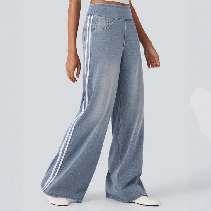 Damen nan lässige weite Jogginghose in Jeansoptik mit elastischem Komfortbund, seitlichen Kontraststreifen und Eingrifftaschen Drune